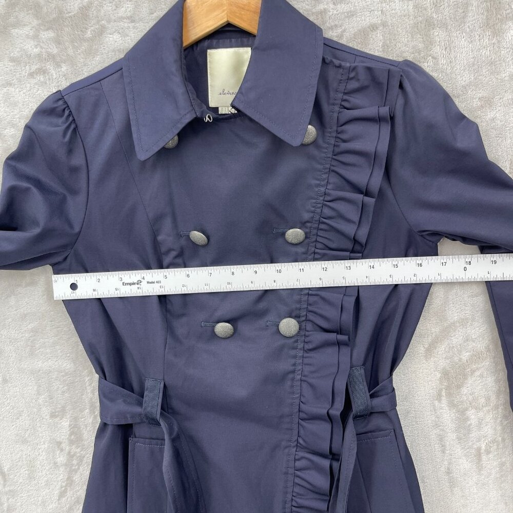 Elevenses Navy Ruffle Double Breasted Belted Mid Length Trench Coat - Picture 13 of 15